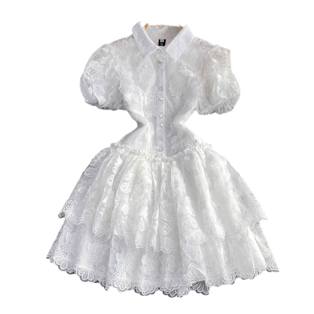 summer retro elegant notch lapel single-breasted white lace embroidered a-line tiered dress