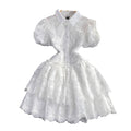 summer retro elegant notch lapel single-breasted white lace embroidered a-line tiered dress