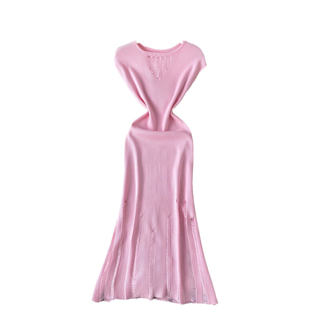 European and american style light luxury sleeveless knit dress - women's summer distressed design, unique and elegant maxi dress