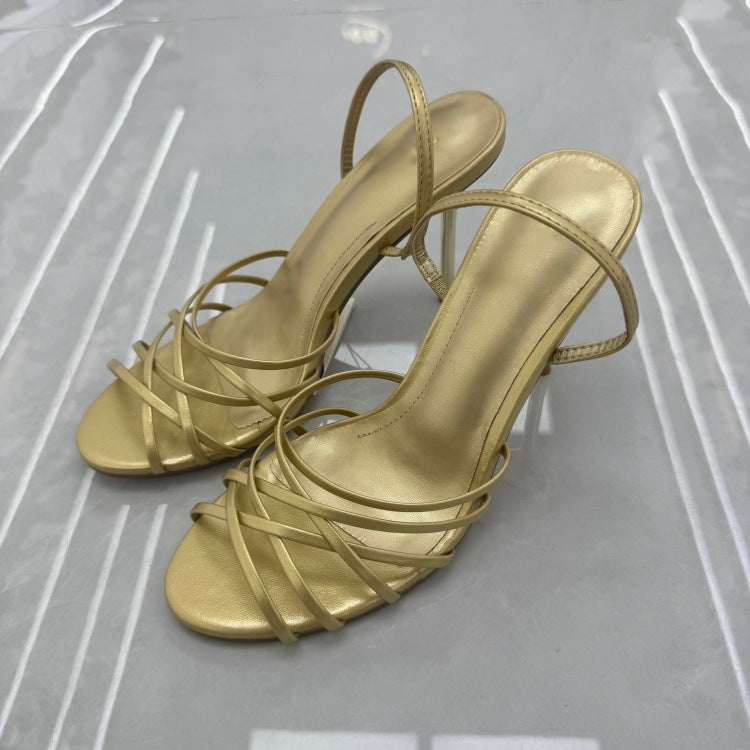 Spanish 2025 summer new women's shoes black pink thin strap decorated leather fashion casual commuter high heel sandals