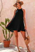 european and american  new women's cute halter sleeveless mini dress solid color pleated beach cover-up