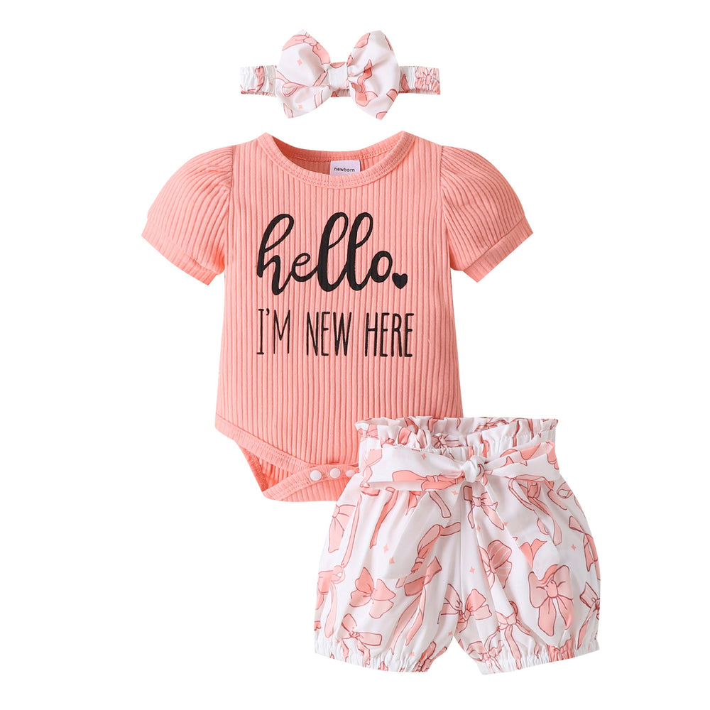 Children's clothingletterprinting short-sleeved khaki + printing pattern shortssuit headband three pieces