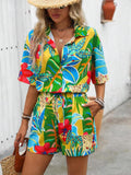 european and american cross-border  autumn new arrival: collared printed shirt & elastic waist cropped shorts two-piece set