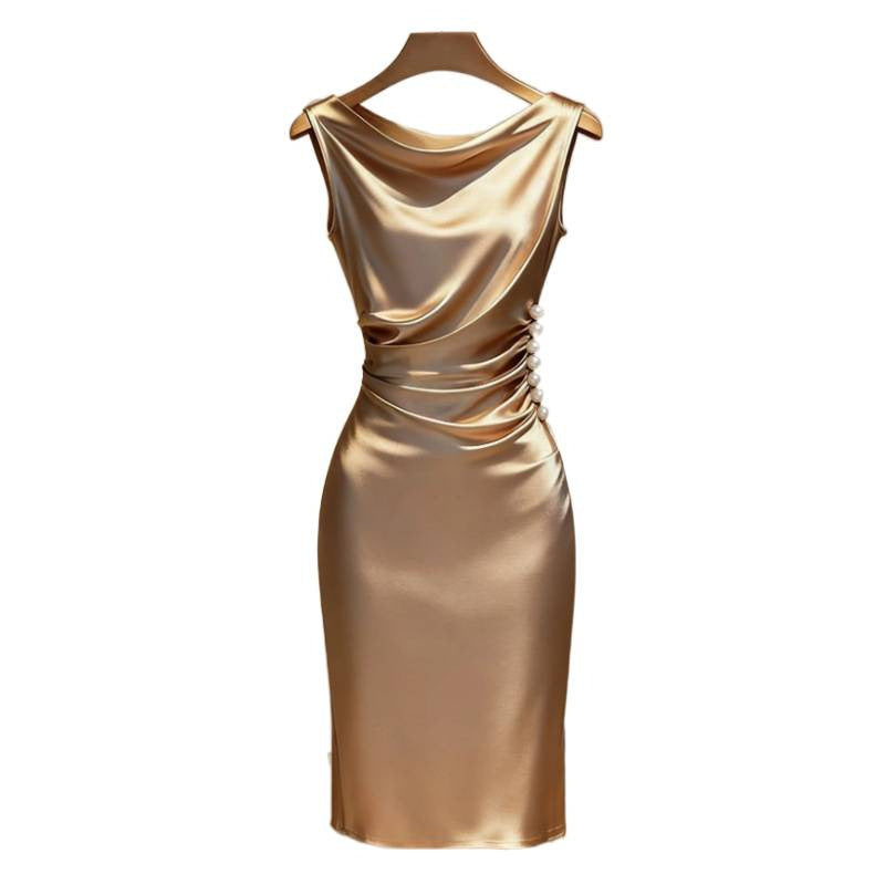 Women's new summer french chic elegant satin sleeveless slim-fit midi dress - perfect for going out and dating