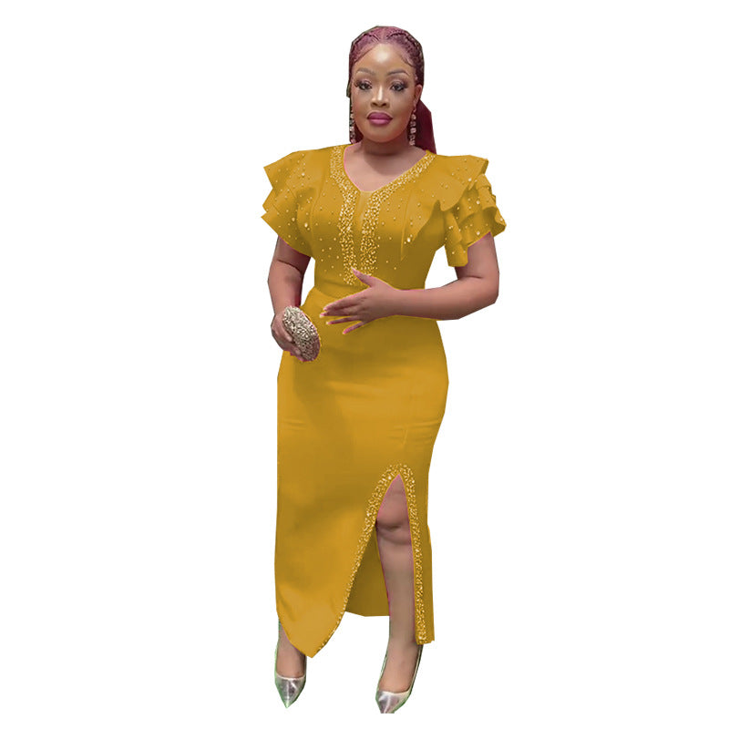 Special offer: african women's plus size slim-fit stretch maxi dress with beaded ruffle shoulder – trendy export style