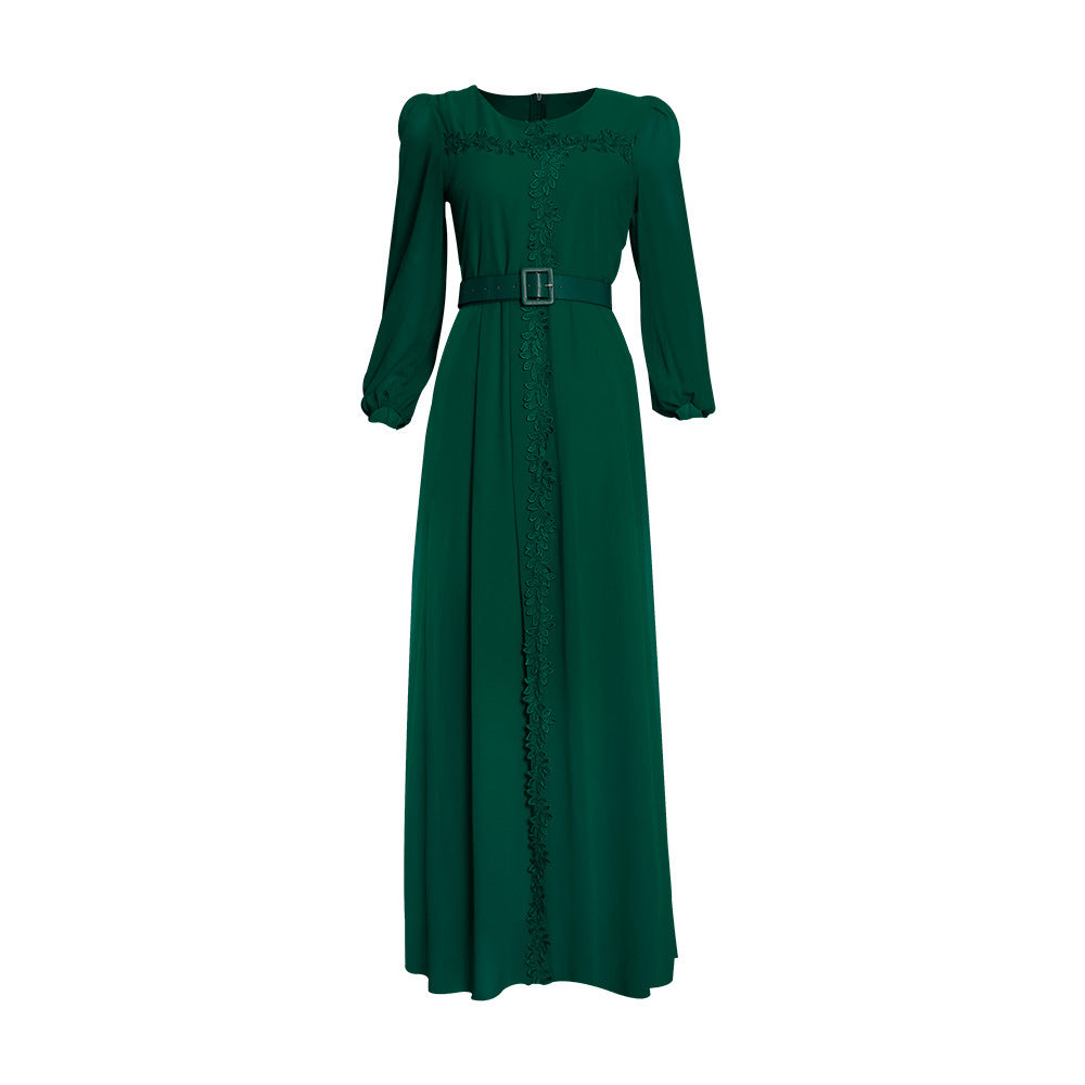 Fashion cross-border supply  long skirt long sleeves african plus size women's clothing elegantwork clothing chiffon dress belt