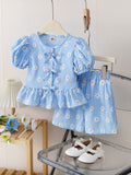 new product girl european and american style socialite ins cute floral bow + shorts set