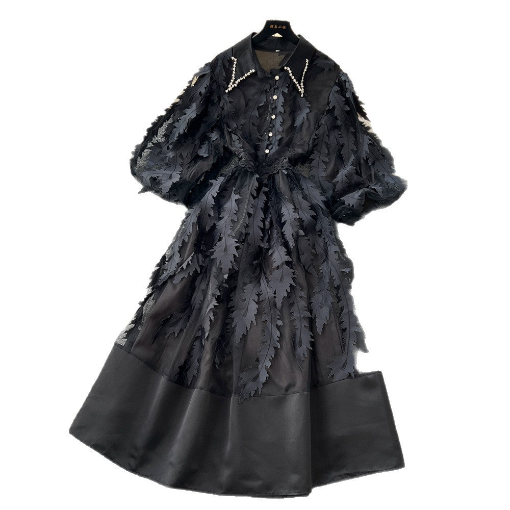 Frenchclassy heavy industry nail drill lapel lantern sleeve waist mesh tassel patchwork large swing puffy dress for women