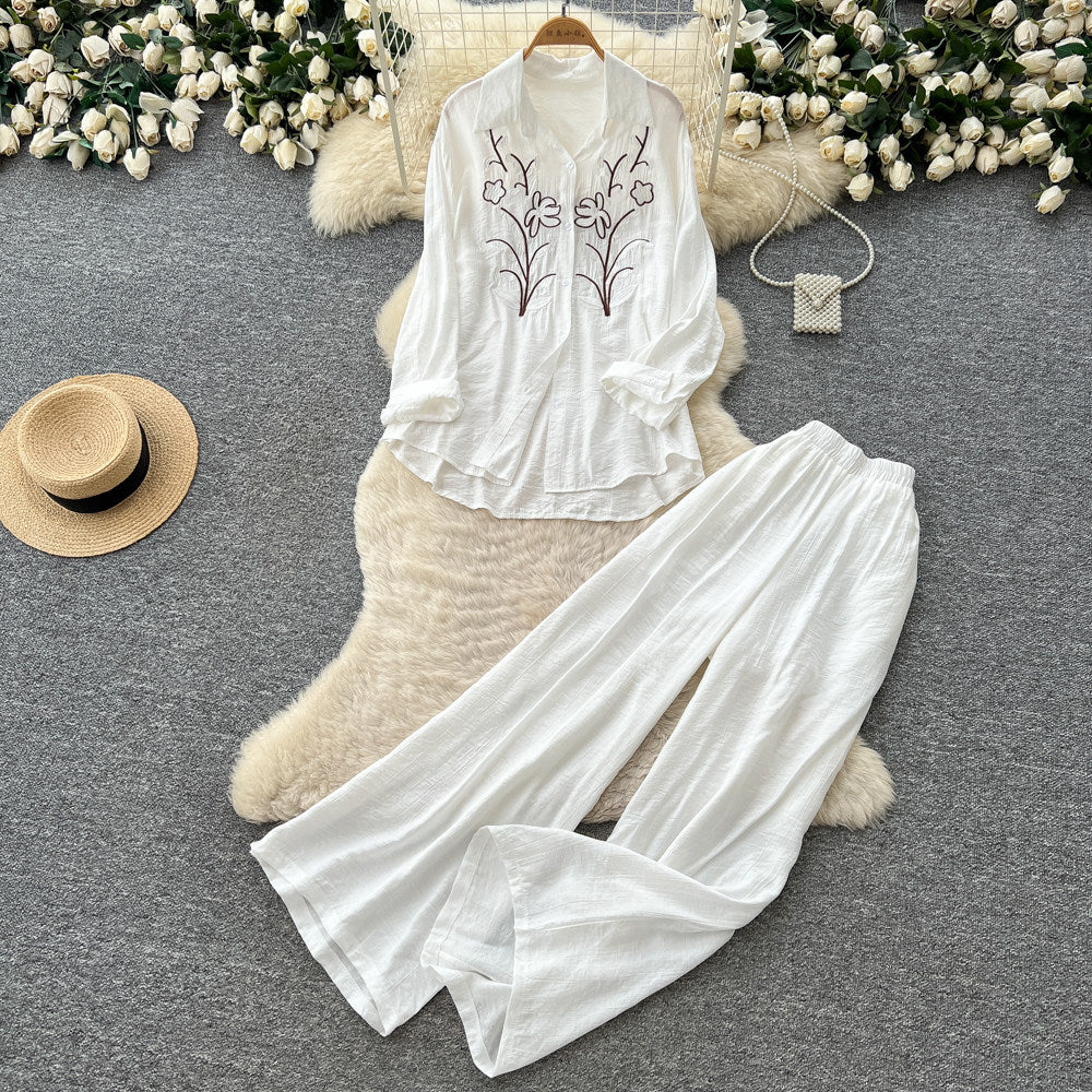Lazy style pink embroideringshirtloose pantstwo-piece set female autumcasualcasualwork clothingslimming lookelegantsuit