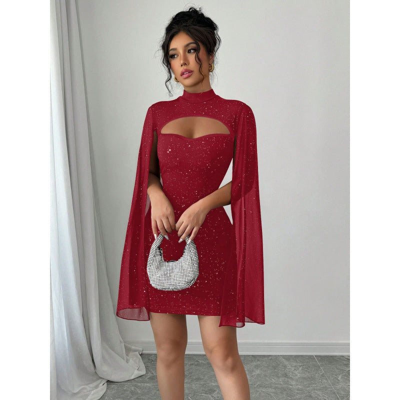 Full real shot export1688  fashion shawl sleeve hot stamping dress