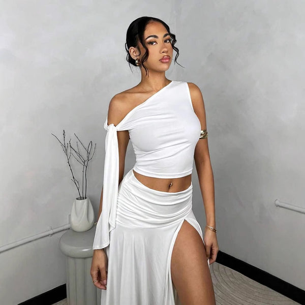 YZ1383 European and American  women's clothing   fashion casual women's two-piece set diagonal shoulder collar split skirt