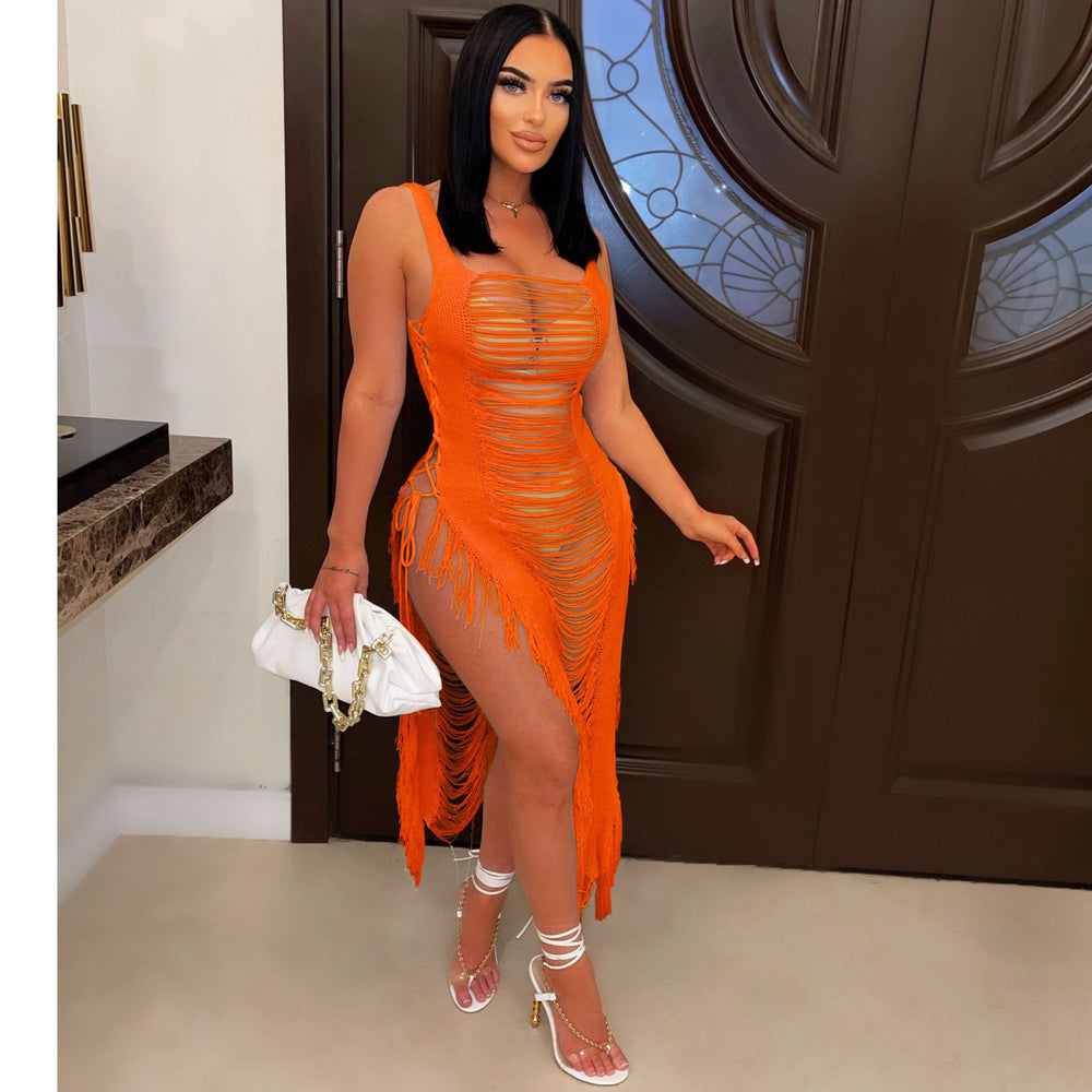 spring/summer new women's dress - european & american sexy cutout beach cover-up with tassel beach skirt