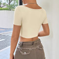 European and american style women's summer  new slim-fit v-neck knit top with twist detail, short length, long sleeve