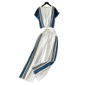 Summer fashion color block striped trim short sleeve top & high waist denim patchwork wide leg straight leg pants casual set for women