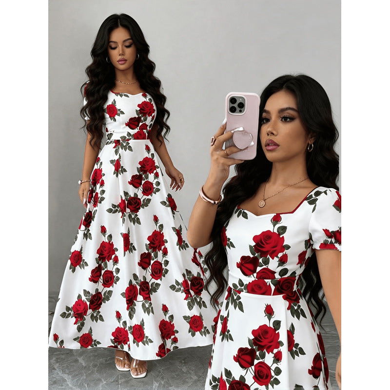 Women's summer new arrival: elegant vintage rose print square neck cinched waist puff sleeve a-line maxi dress