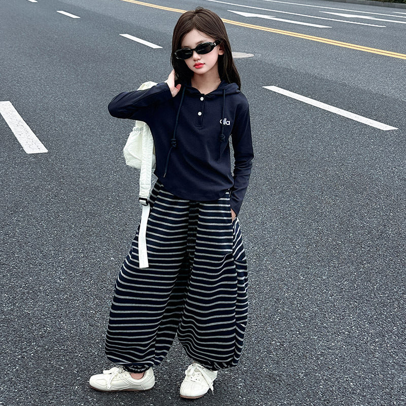 Girls' pants: new  striped lantern pants for girls - stylish autumn/winter wide-leg casual trousers for students