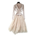 Elegant two-piece set for women: autumn collection - high-end, heavily beaded, v-neck, sleeveless knit top with mesh panel dress