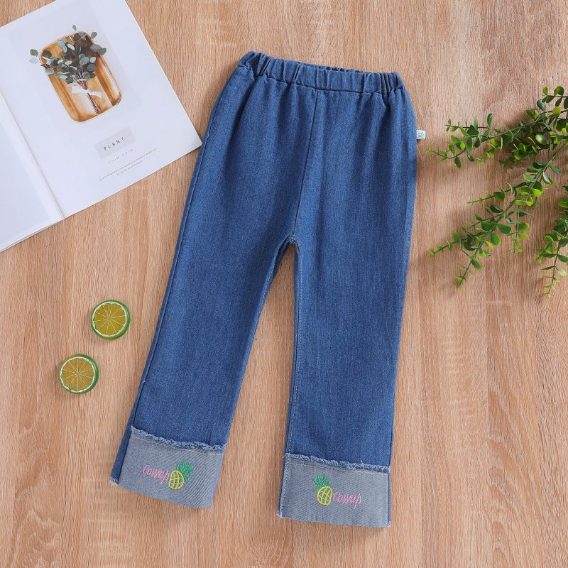spring/autumn girls' casual embroidered denim fashion pants - korean style, trendy cartoon jeans for toddlers and children