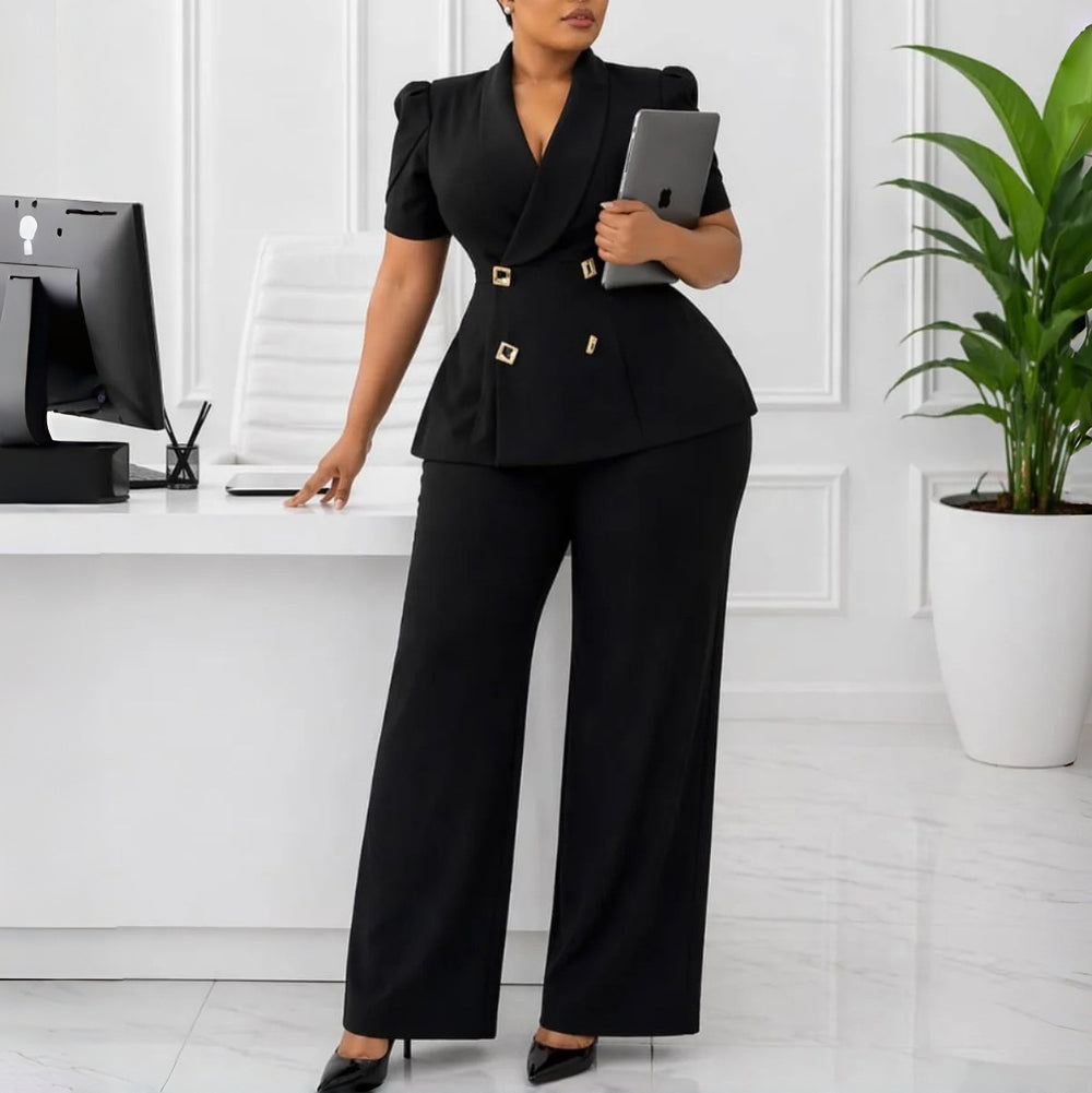 D634exportfashion cross-border  new short-sleeved lapel double-breasted tops high waistloose pantsexportsuit