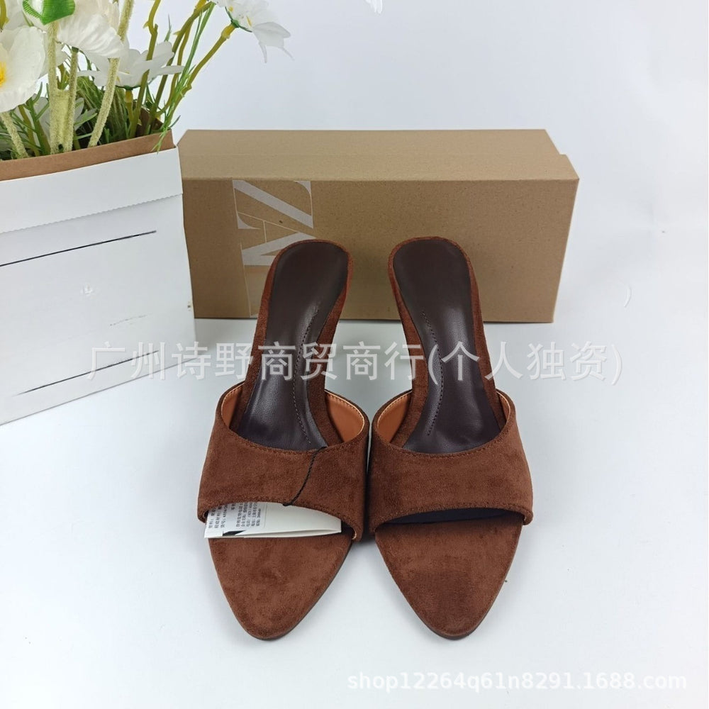 Za2024summernew arrival suede round toe open toe stiletto sandals women's fashioneasiest for matchelegance sheep suede casual