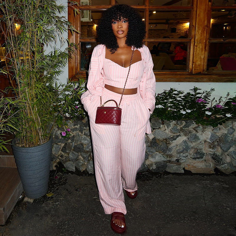 European and american style women's  autumn new collection: striped turn-down collar long-sleeve shirt, sweet vest, and high-waisted straight-leg pants three-piece set