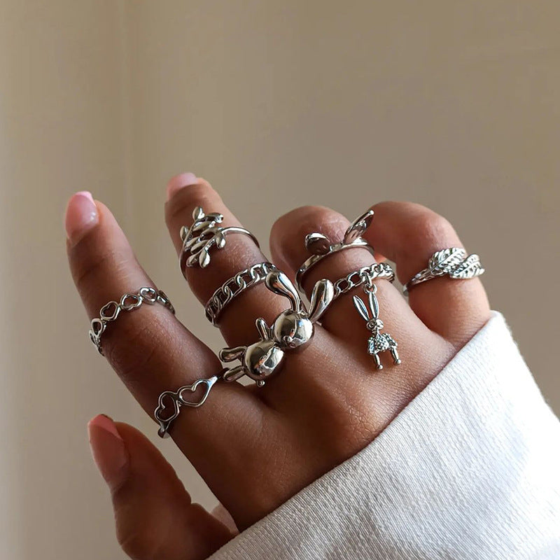Korean ins ring wholesale cross-border geometric stacking jewelry cute niche high-end heart rabbit ring for women