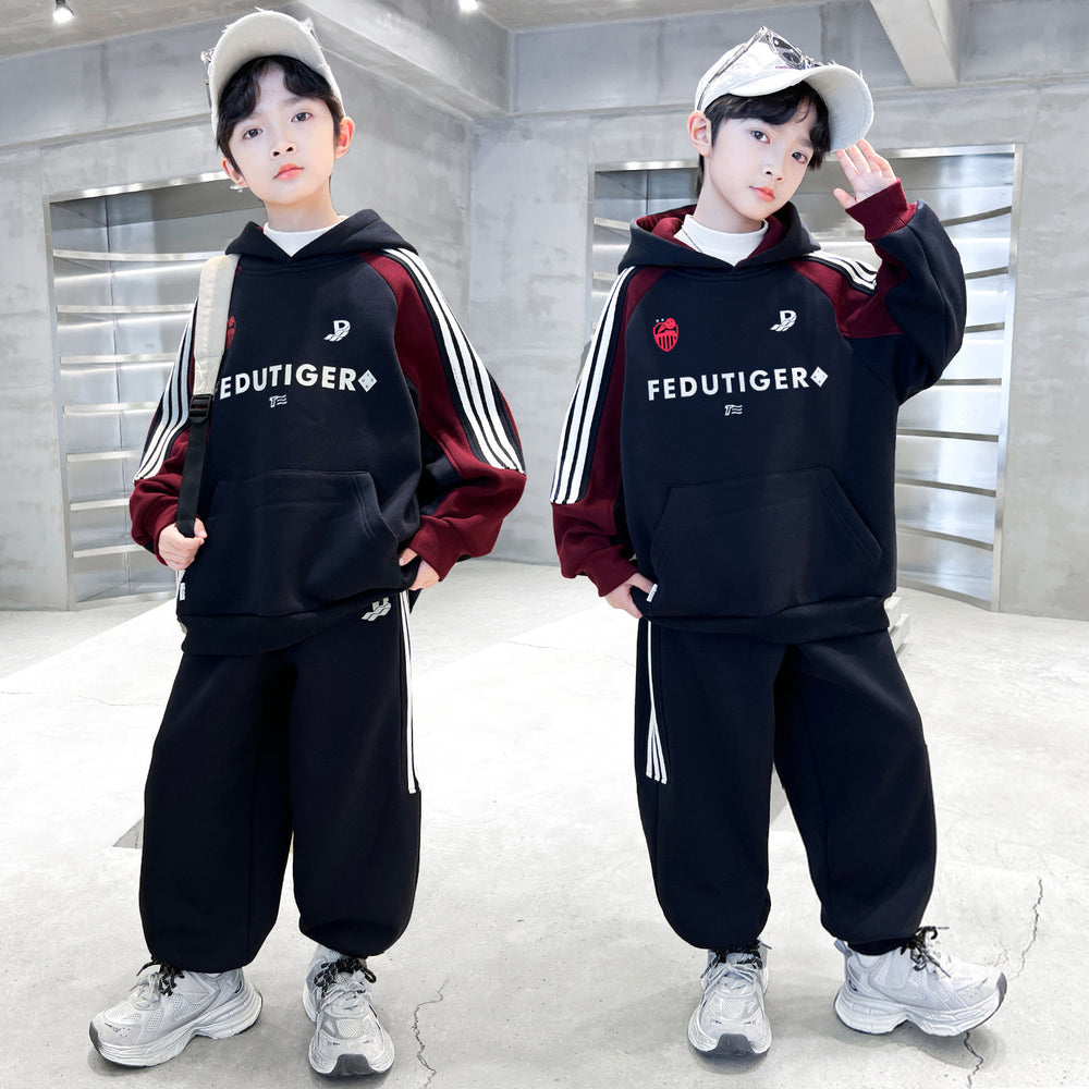 Boys' spring/autumn korean style color block hooded two-piece set -  new kids' spring activewear sweatshirt set