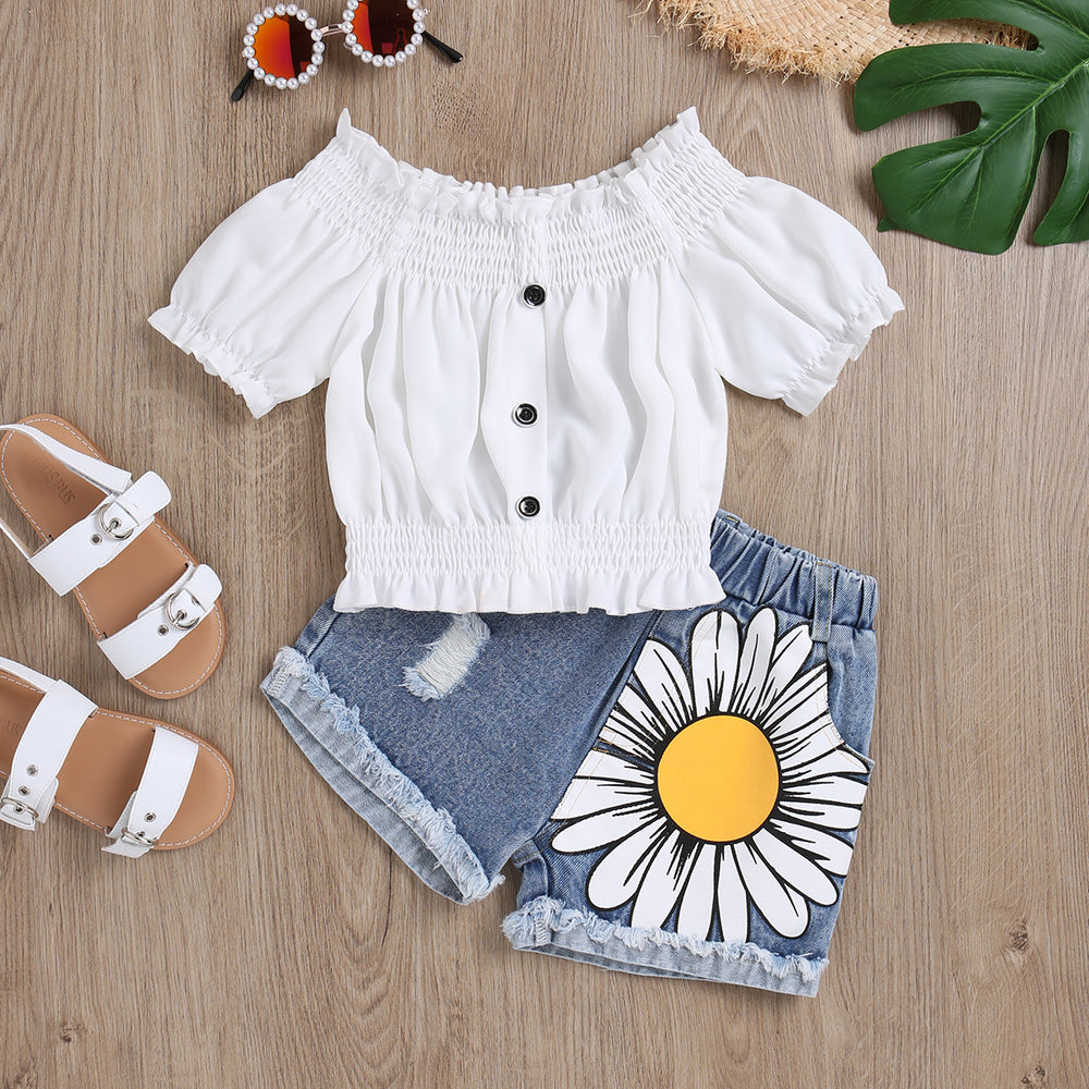hot selling girl's one-piece collar high elastic cuff washed hole flower denim short girl's suit