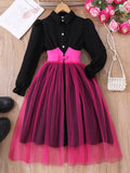 new arrival female youthlong sleeves lapel girdle mesh patchwork dress