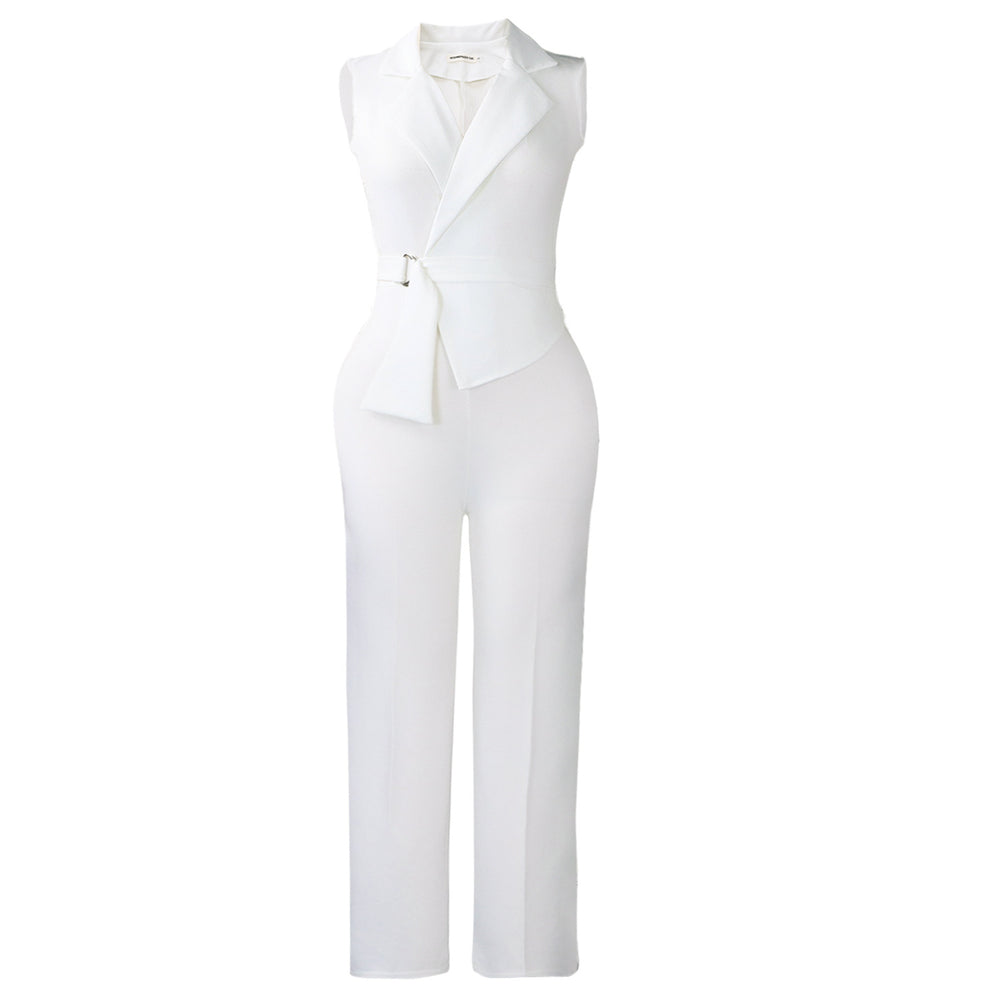 C8653 cross-border e-commerce summer fashion solid color sleeveless blazer collar tie wide leg pants african jumpsuit
