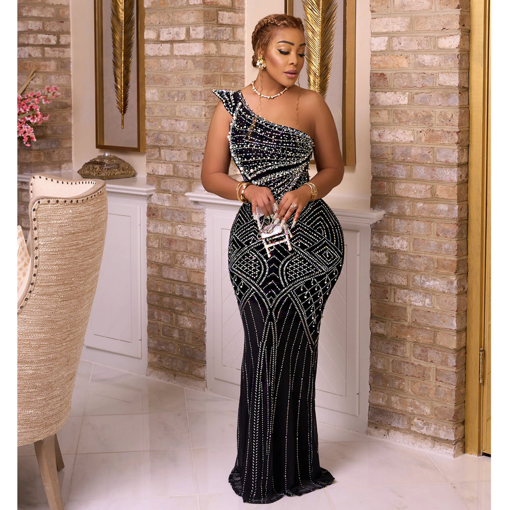 C6818 cross-border   fashion women's solid color rhinestone oblique neck maxi dress