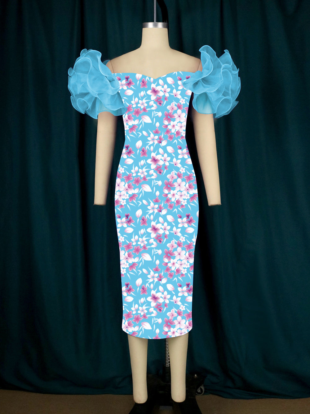 Am220631 mesh sleeve patchwork print bodycon midi dress party evening gown women's dress