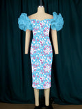 Am220631 mesh sleeve patchwork print bodycon midi dress party evening gown women's dress