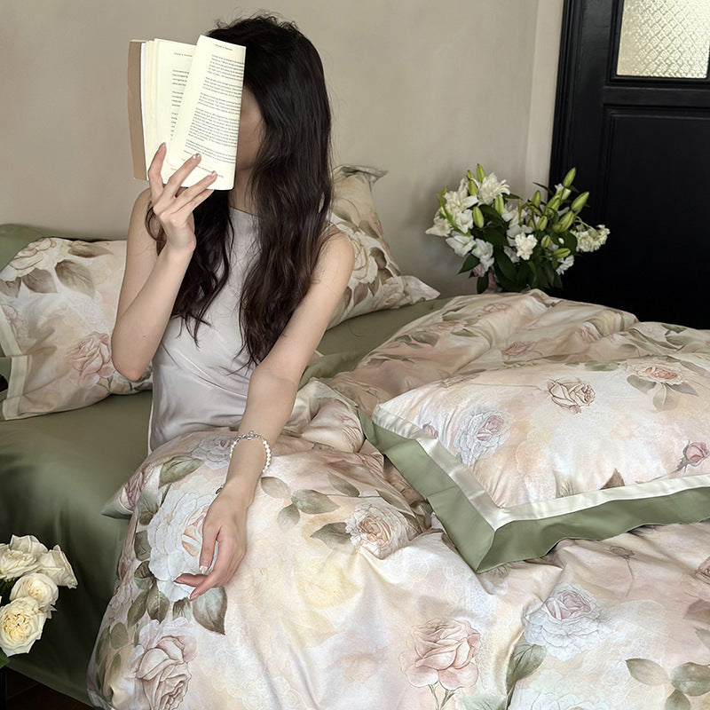 Spring and summer pastoral 100S long-staple cotton digital printing four-piece cotton wide-edge quilt cover for sleeping naked on a pure cotton bed