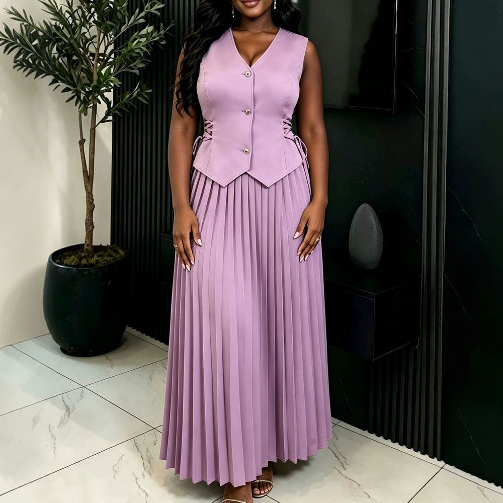 New solid color versatile set: high-waisted pleated slim-fit waist-cinching sleeveless drawstring top and a-line midi skirt two-piece outfit