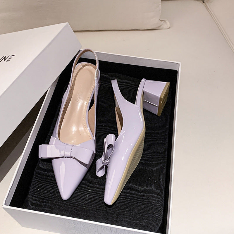 2025 summer new sweet style pointed-toe chunky heel fashion flats with bow detail, closed-toe high heel sandals for women