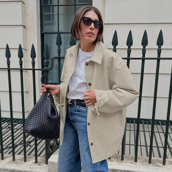 Vintage French khaki lapel trench coat women's autumn design sense loose pure cotton jacket  women's clothing
