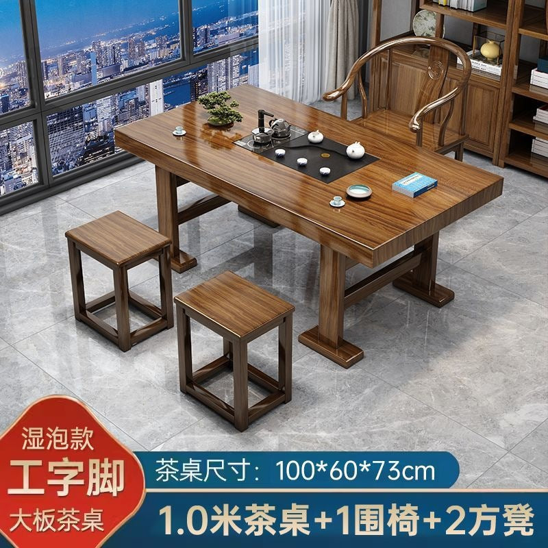 Solid wood large board tea table and chair combination, one table and five chairs, new chinoiserie office coffee table, for home living room casual tea making table