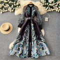 Vintage ethnic lantern sleeve printed dress - women's summer stand collar, slimming a-line maxi dress - elegant & chic