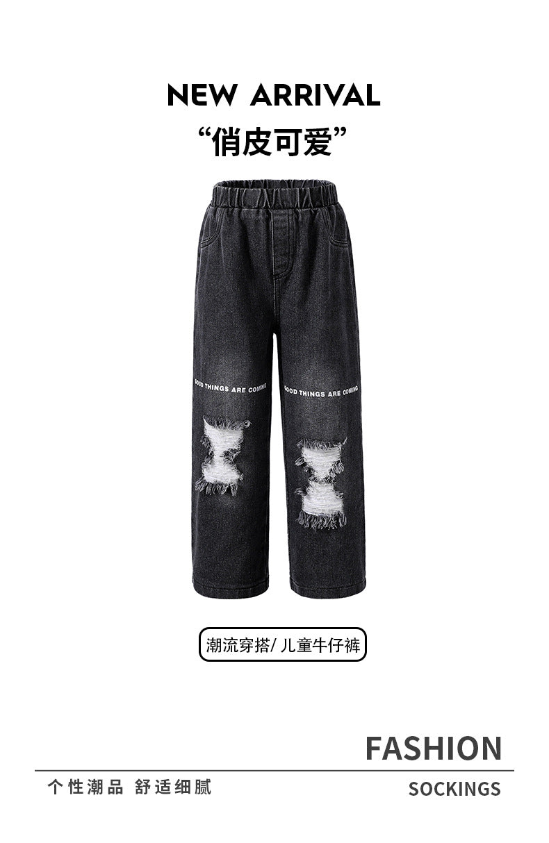 girl jeans black autum ripped letter pants elastic band pants looseloose pants kids pants