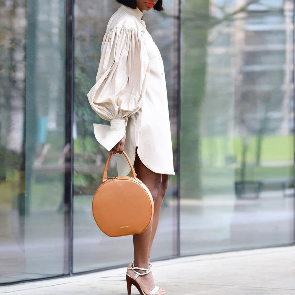 D165 european and american  summer plus size loose puff sleeve solid color slit lapel long sleeve shirt dress cross-border dress