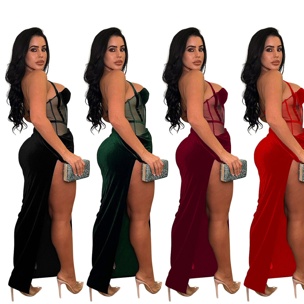 C6732 cross-border   fashion women's solid color mesh suspender slit maxi dress