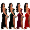 C6732 cross-border   fashion women's solid color mesh suspender slit maxi dress