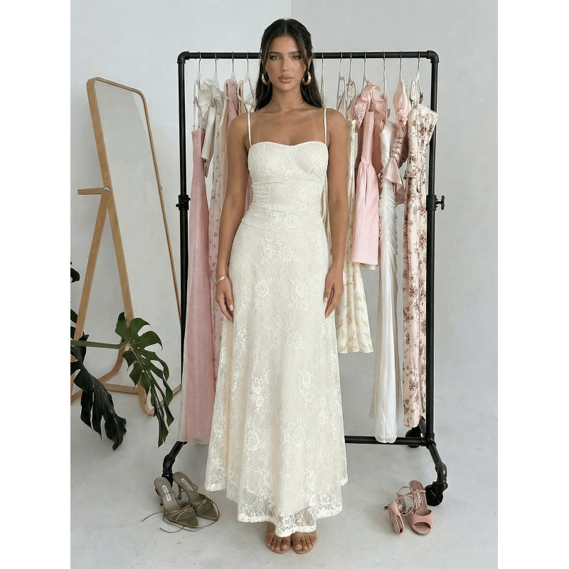 Women's new summer french elegant romantic lace waist a-line slip maxi dress - perfect for dates