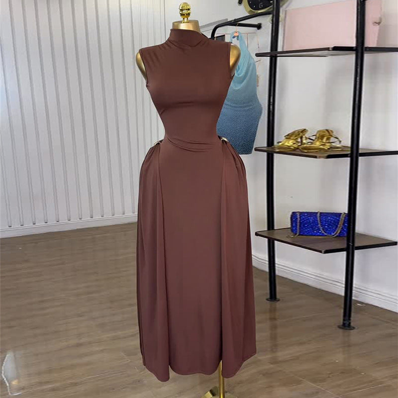 European and american cross-border women's fashion  summer new arrival: elegant turtleneck high-waisted sleeveless midi brown dress