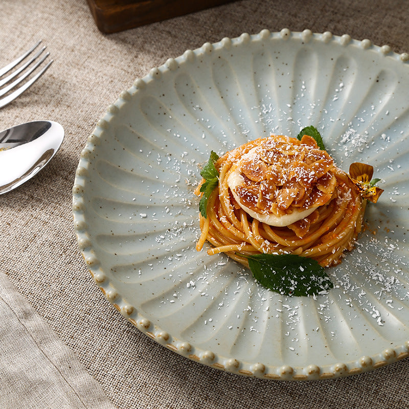 Vintage-style rustic ceramic bowls, plates, and dishes - creative beaded edge steak plates and dessert bowls for restaurants and hotels - premium presentation