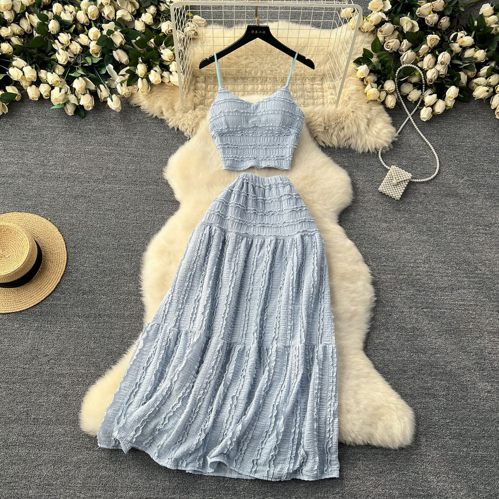 Age-reducing suit women's summer clothing new arrival sling tops shorteasiest for match large swing skirt sweettwo-piece set trendy