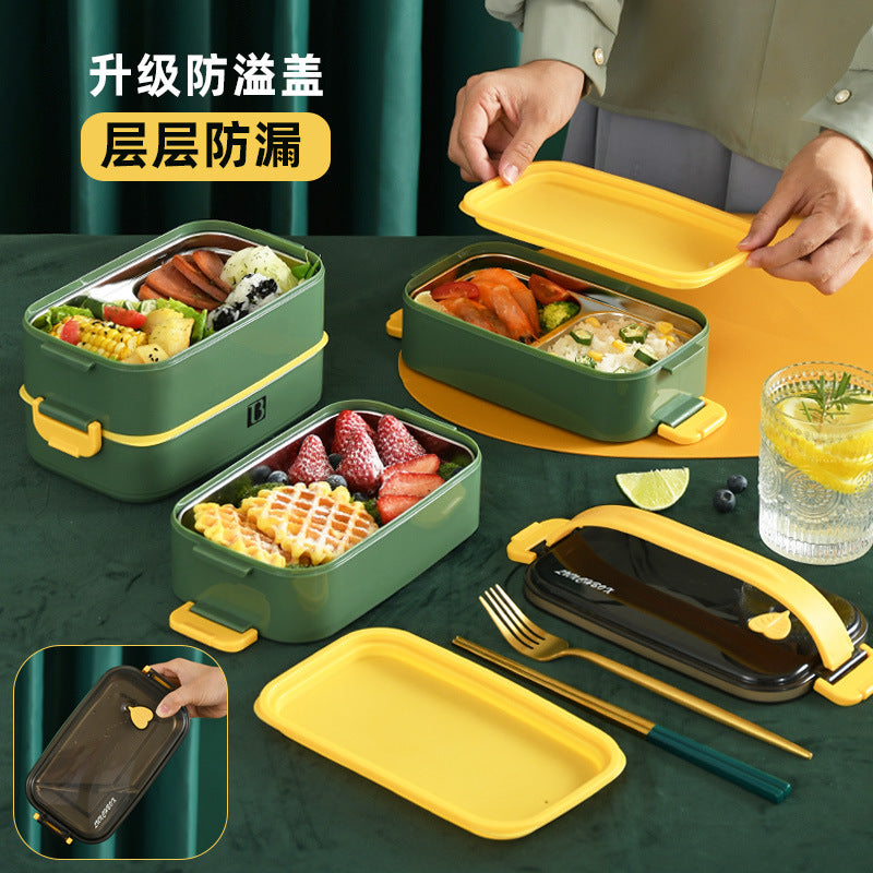 304 stainless steel multi-layer insulated lunch box, rectangular portable sealed meal container, student double-layer divided bento box