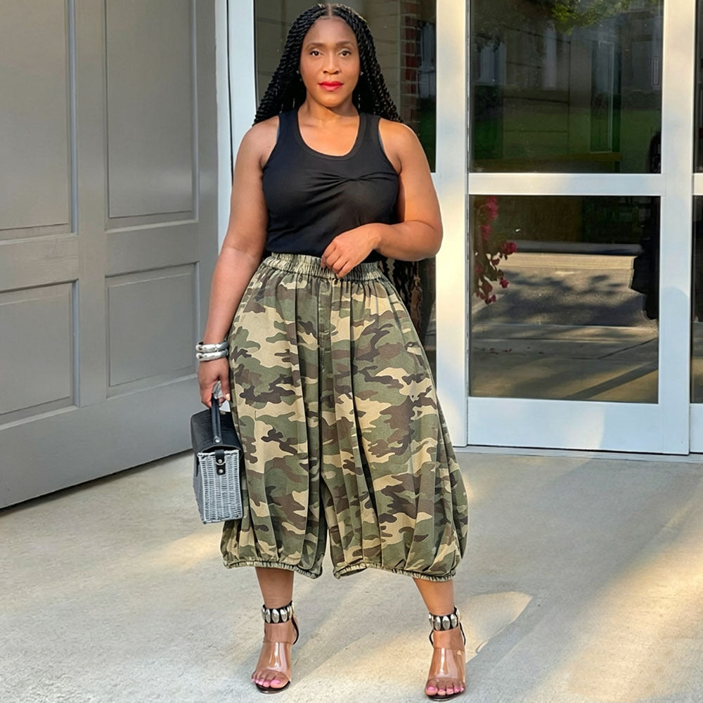 European and american style camouflage wide-leg cropped pants -  cross-border casual women's wear - elastic waist, loose fit, plus size jeans