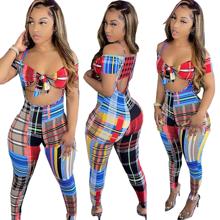 Summer european and american export women's clothing    fashion slim-fit colorful striped jumpsuit two-piece set